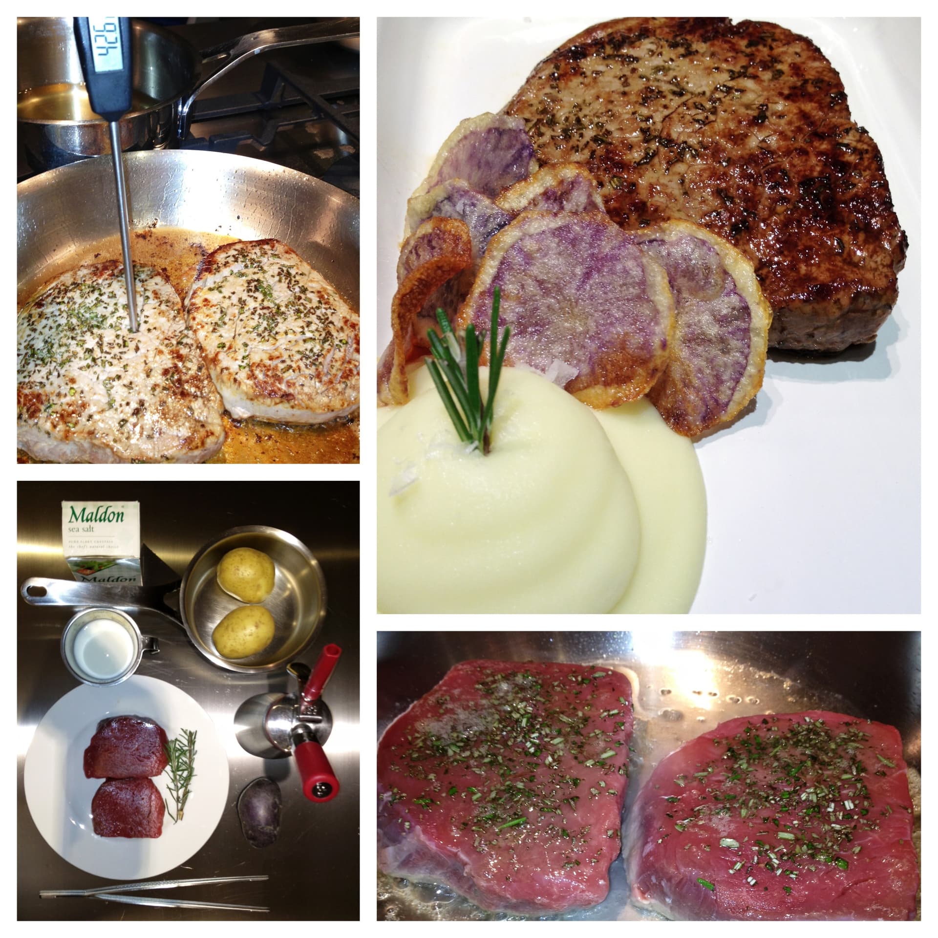 Filetto al rosmarino con mousse di patate e chips viola