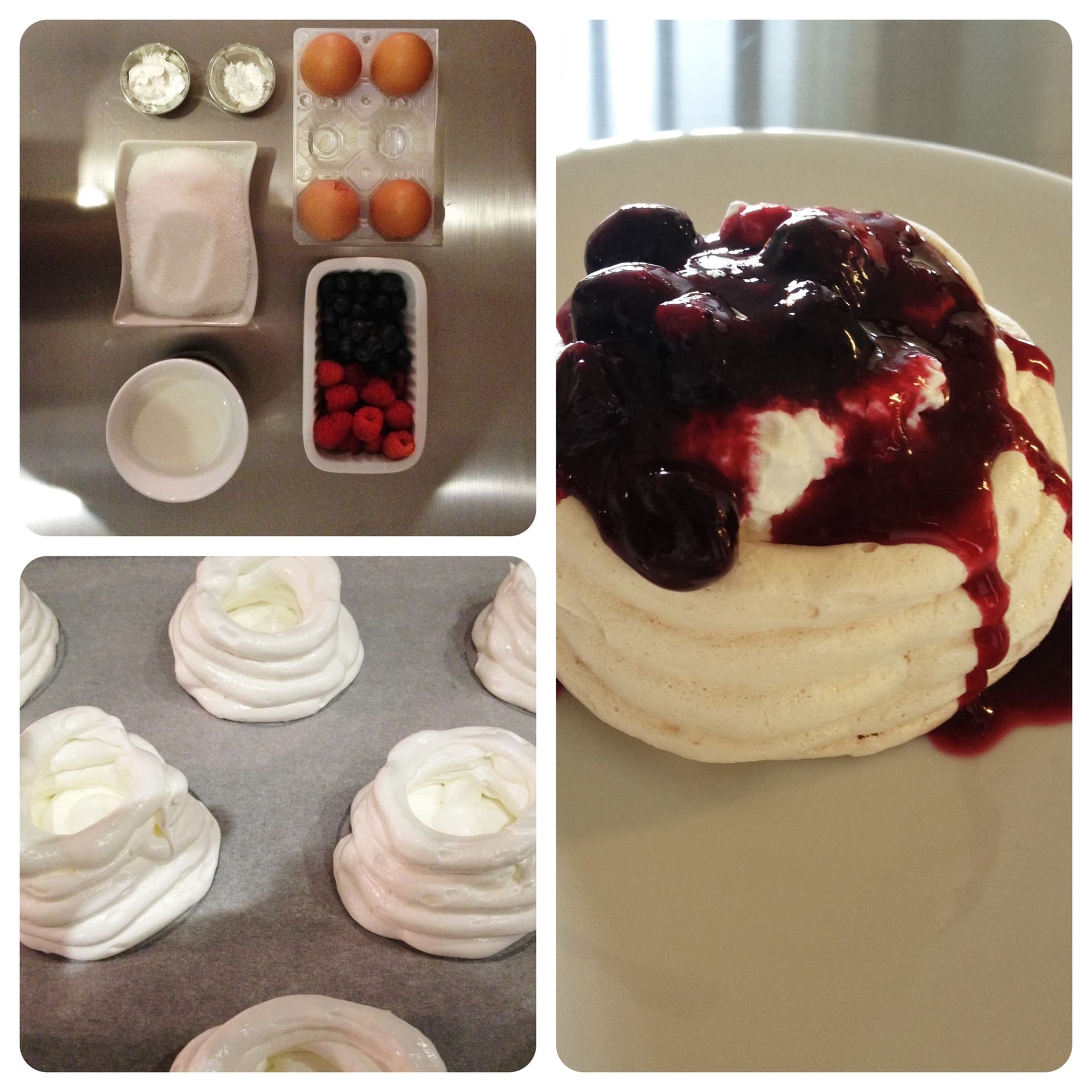 Mini pavlova con mirtilli in salsa di lampone
