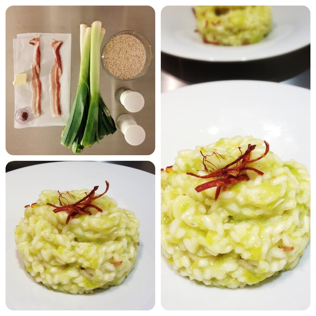 Saffron risotto with leek and crispy bacon