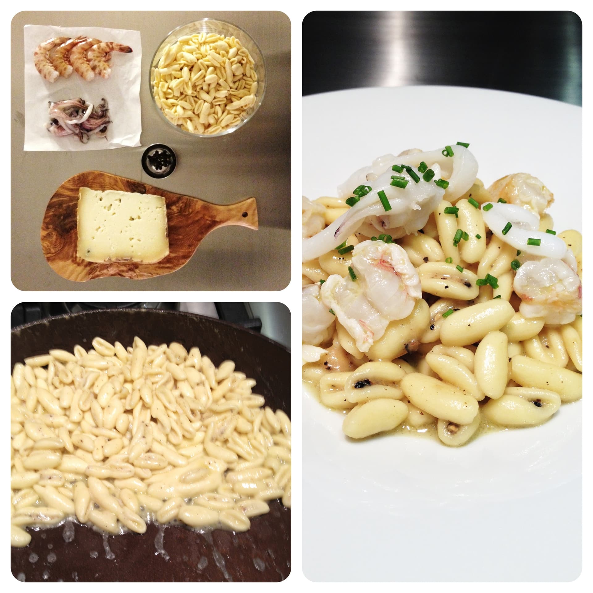 Cavatelli cacio e pepe con gamberi e calamaretti