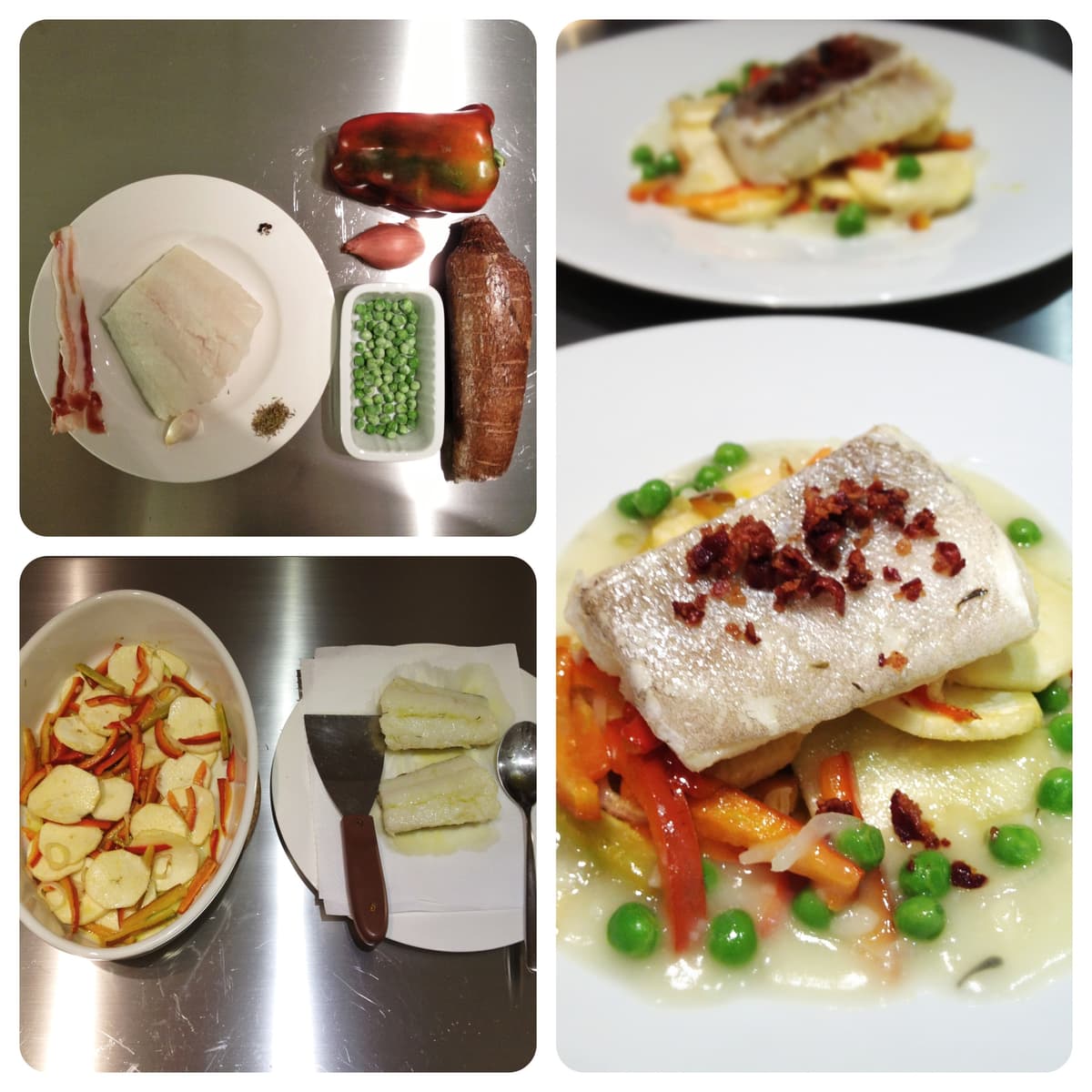 Baccalà confit con verdure al forno e salsa ai piselli