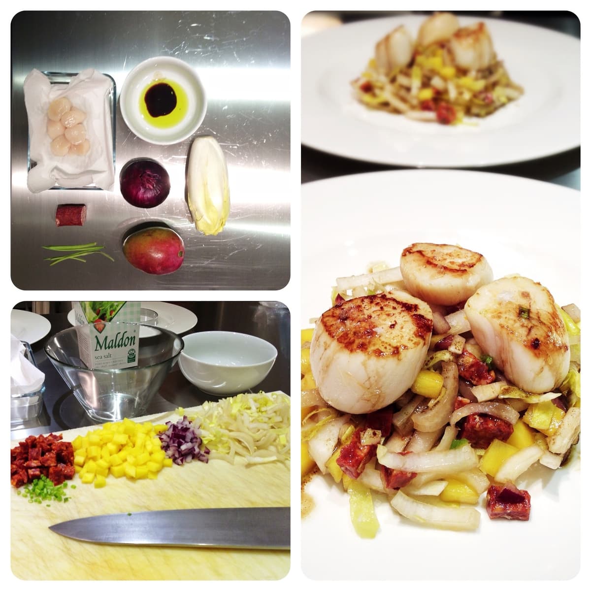 Capesante con insalata di indivia, mango e chorizo