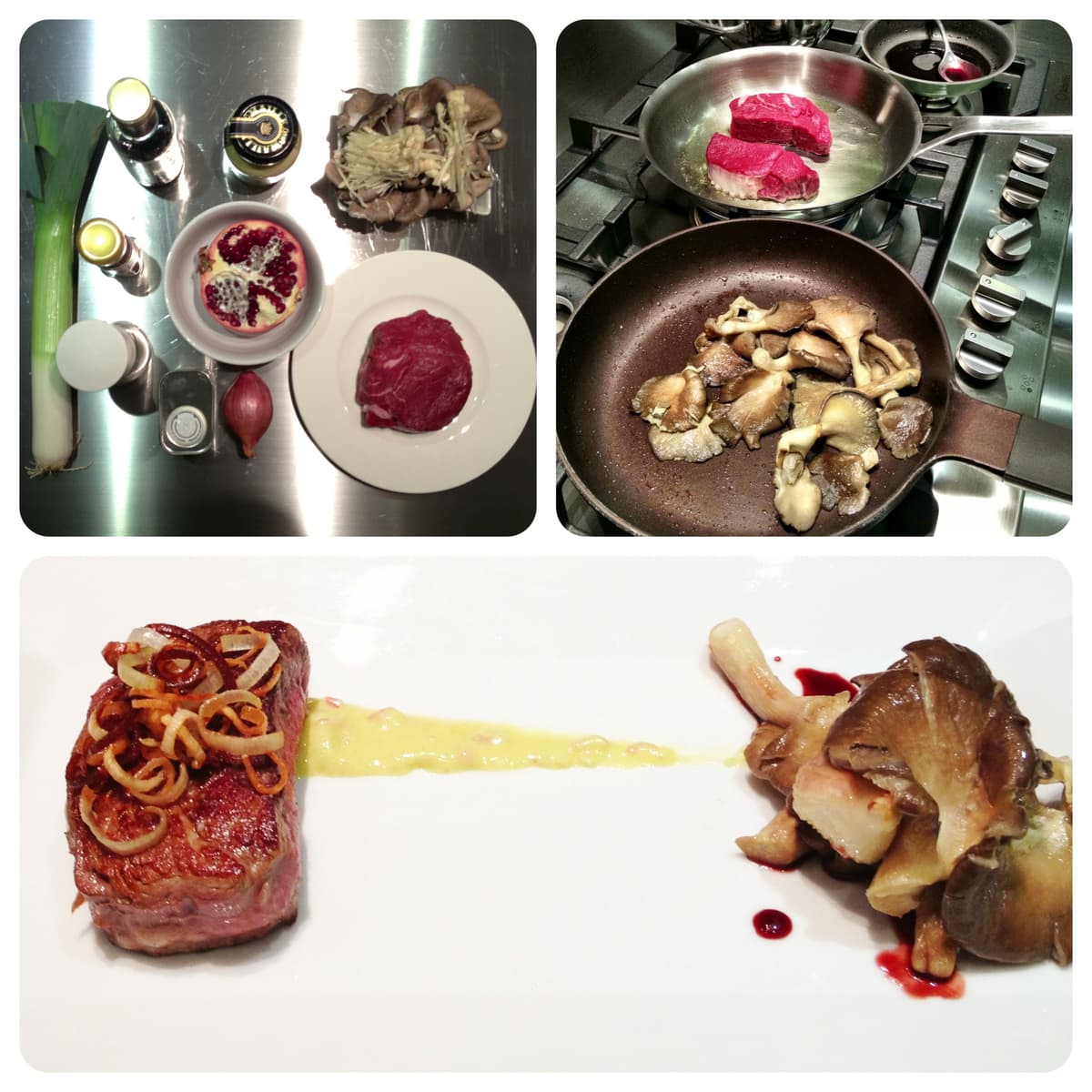 Filetto con porri croccanti, funghi, vinaigrette al tartufo e riduzione di melograno