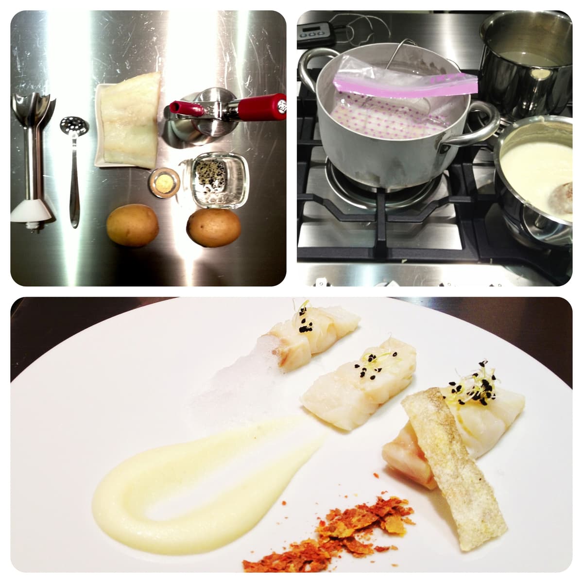 Baccalà sottovuoto con mousse, aria, briciole di patate e la sua pelle croccante