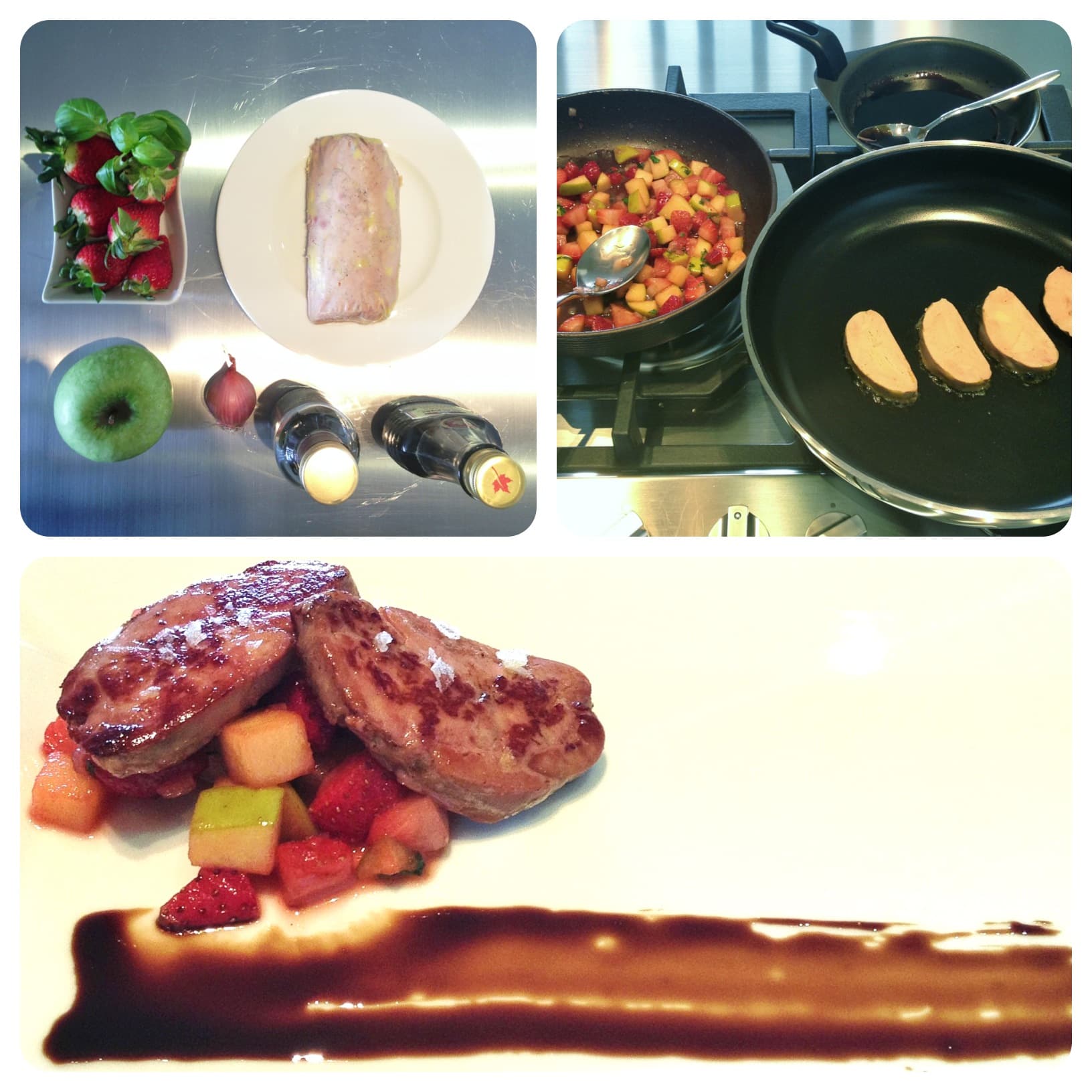 Foie gras, fragole e mele caramellate allo zucchero d’acero, riduzione di balsamico e sciroppo d’acero