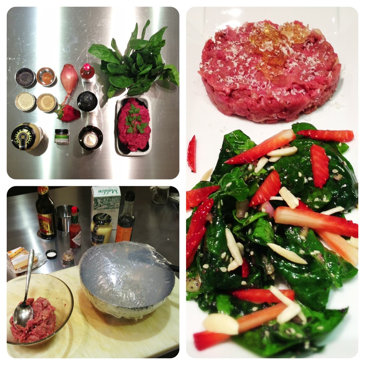 Tartare di manzo con gelatina di birra e insalata affumicata di spinaci e fragole