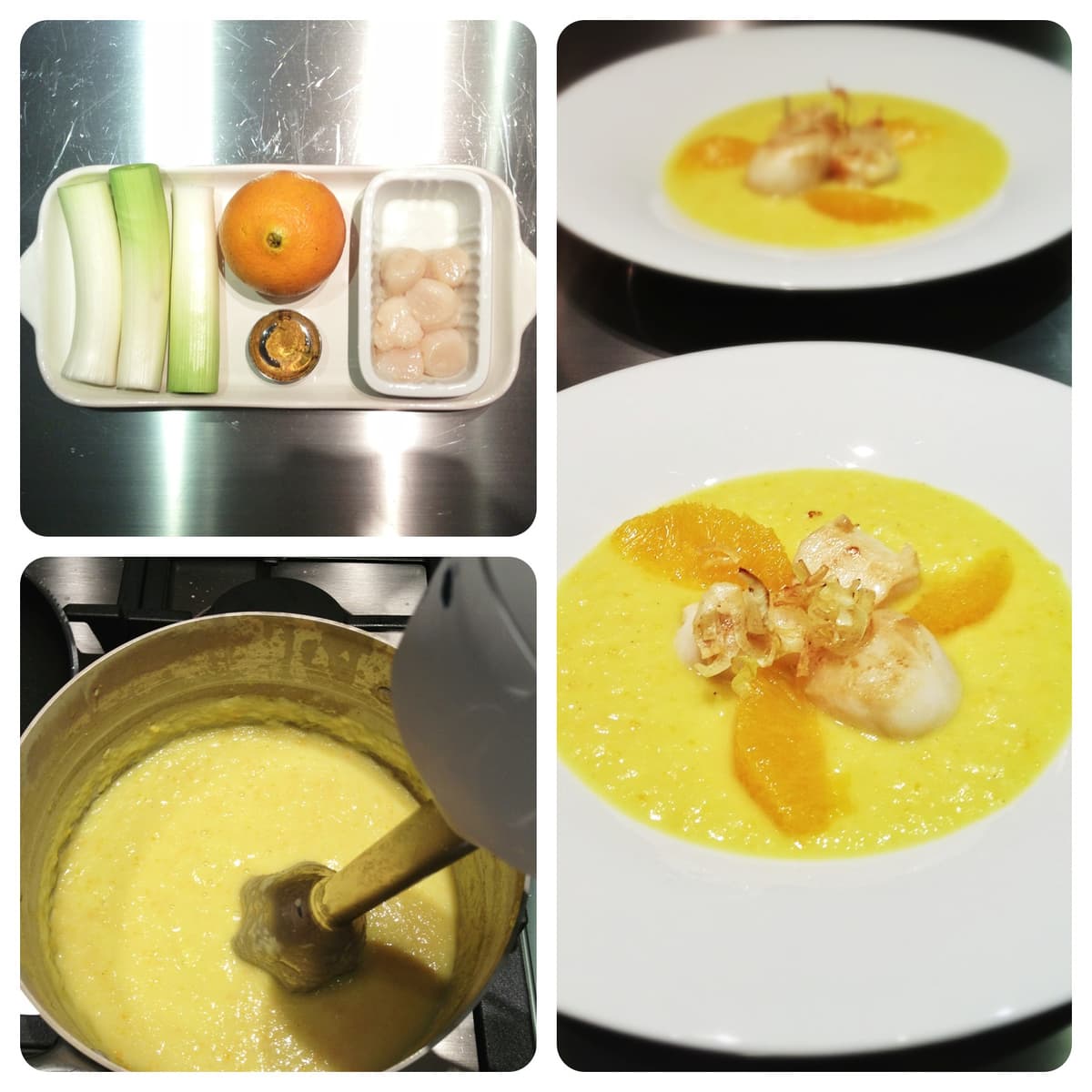 Capesante su zuppa di porri e arancia