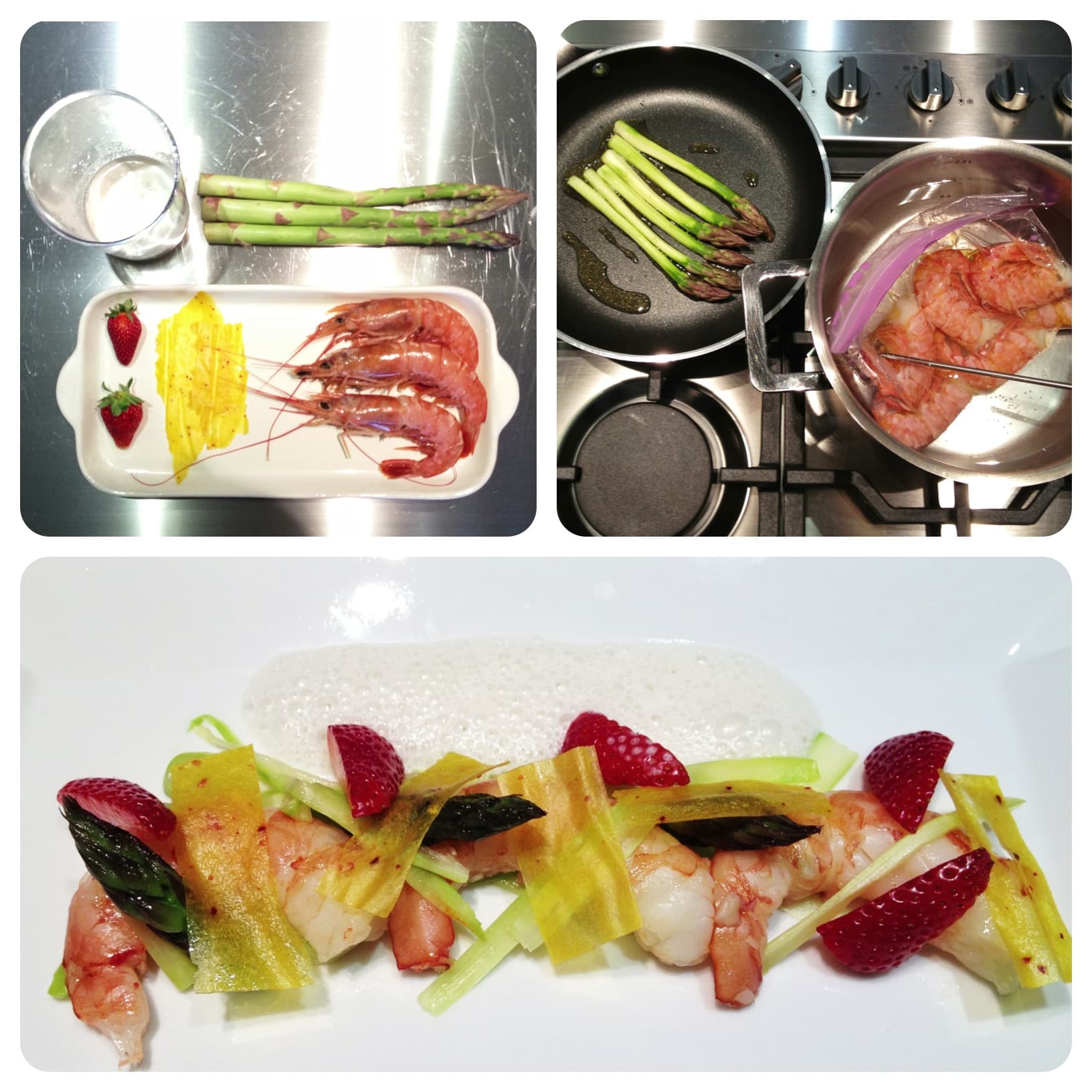 Gamberi al caffè con asparagi, mangochili, fragole, cocco al caffè