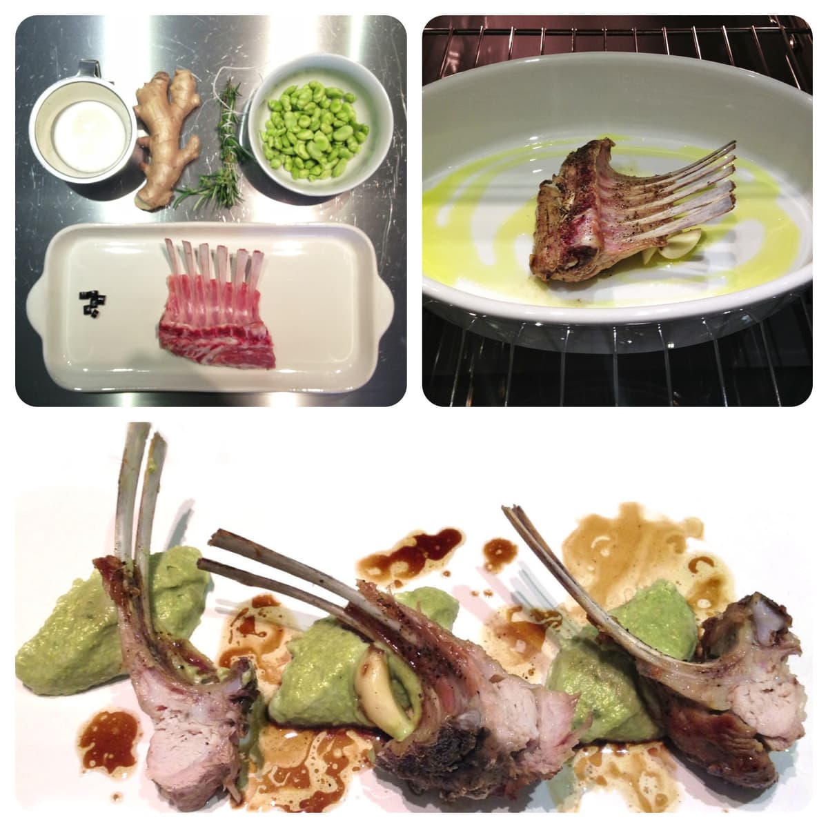 Carré di agnello con mousseline di fave e zenzero, jus d’agnello alla liquirizia