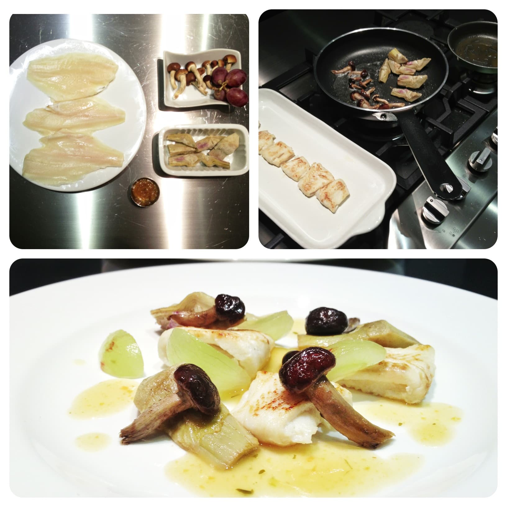Sogliola con funghi pioppini, uva, carciofi