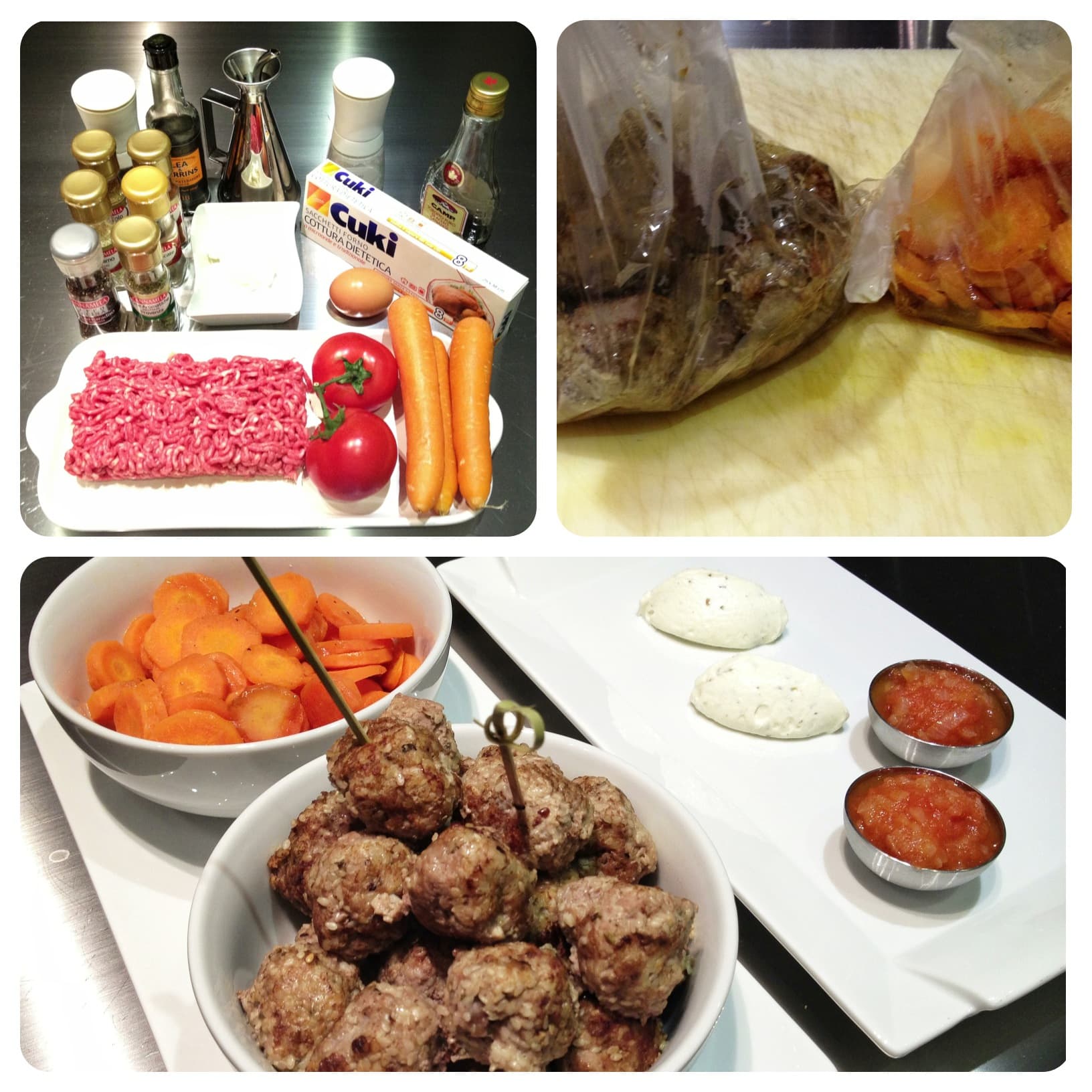 Polpette di agnello con carote caramellate e 3 salse