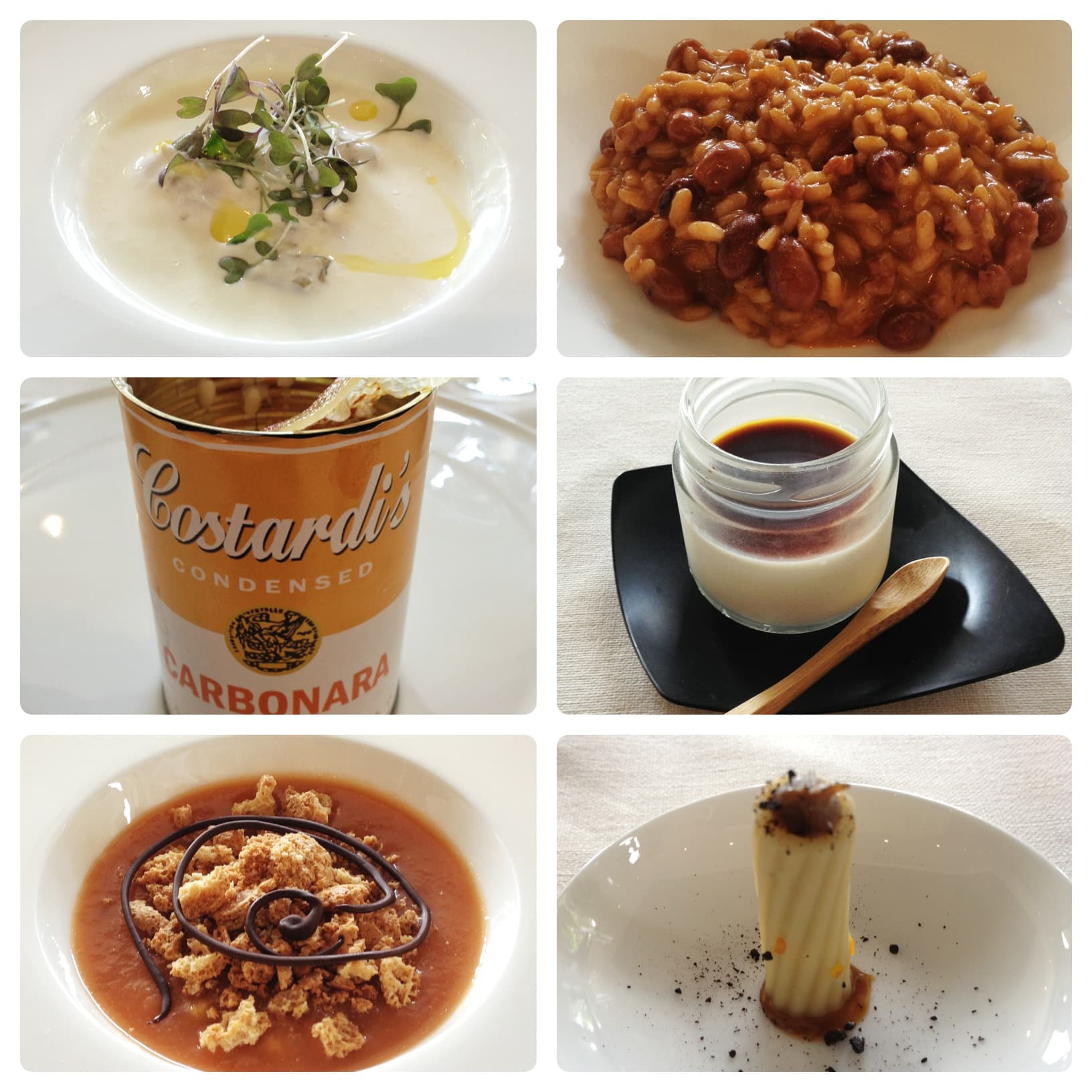 capasanta al limone con crema di cipolla rossa panna e microvegetali, panissa - riso carnaroli fagioli di villara e falugia, carbonara rice - risotto classico con pepe salsa di uovo gola croccante salsa di pecorino, panna cotta morbida con saba, zuppa fredda di pesca con mousse di cioccolato e amaretto, elicoidale con crema di macaron alla liquirizia
