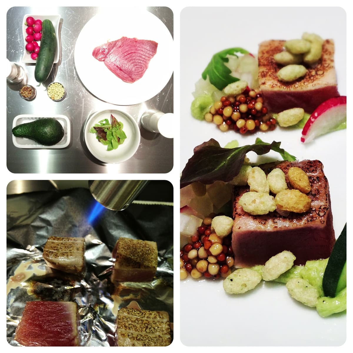 Tonno scottato con puré di avocado, semi di senape, cetriolo, ravanello, riso crunchy al wasabi