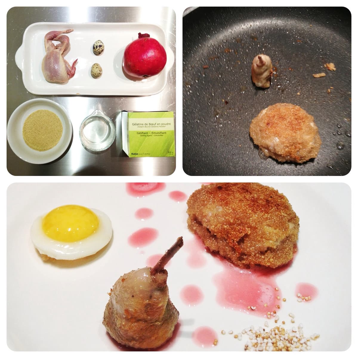Quaglia all’amaranto con la sua coscia confit, il suo uovo, gel di melograno, amaranto soffiato