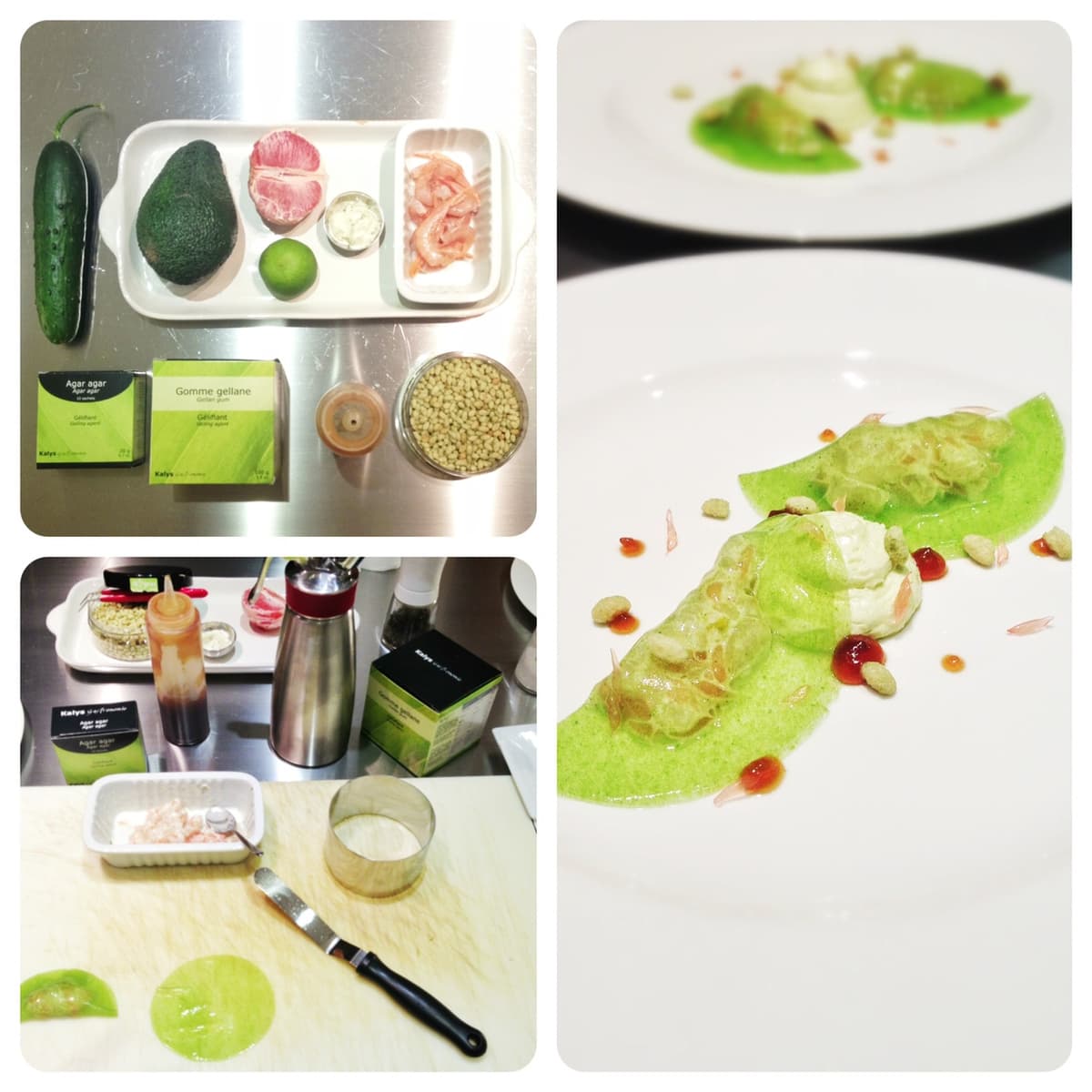 Ravioli di cetriolo con gamberi, avocado, salsa ponzu