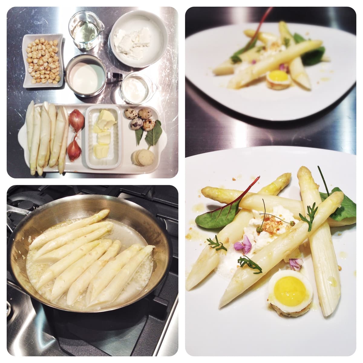 White asparagus, chevre mousse, quail egg, beurre blanc, hazelnuts, sage