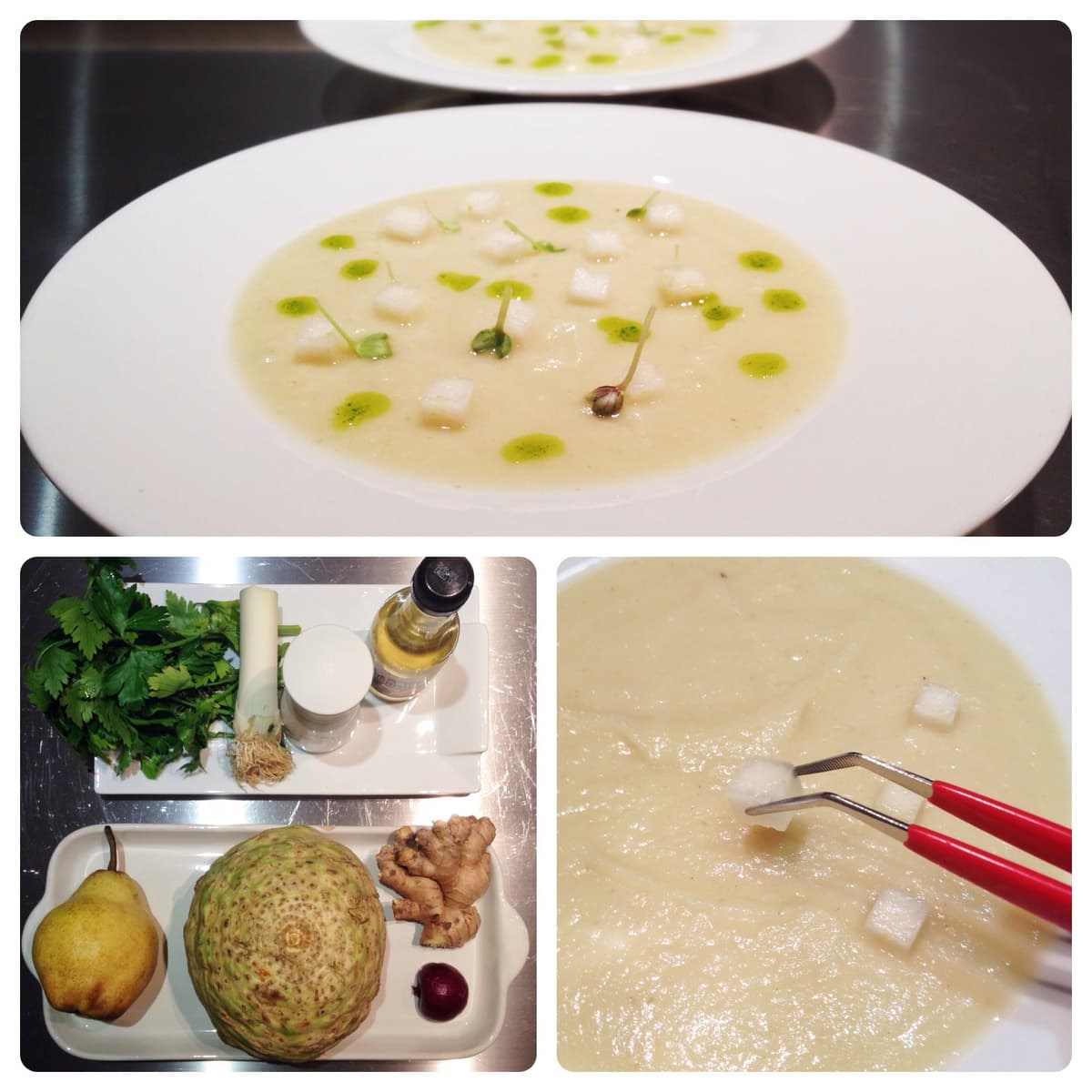 Zuppa di sedano rapa con pera e olio al prezzemolo