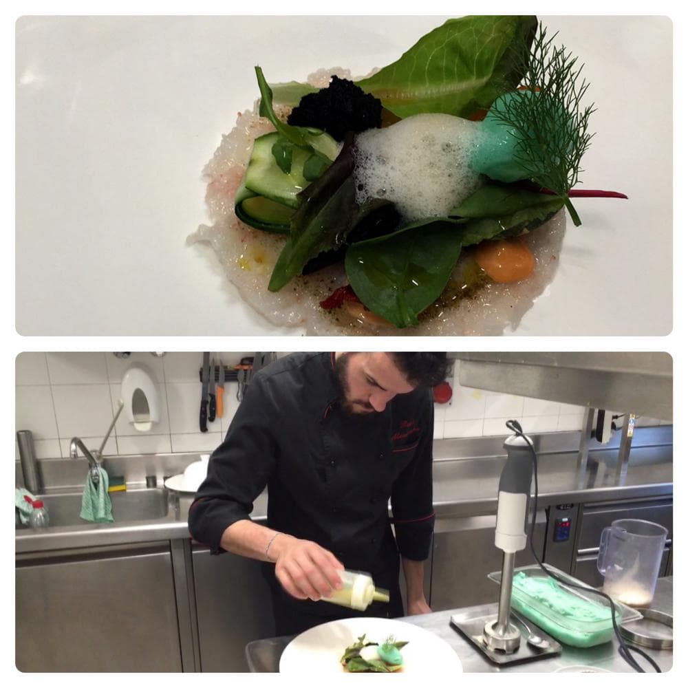 Crudo di gamberi con gelato al finocchietto, spugna di olive nere, maionese al pomodoro