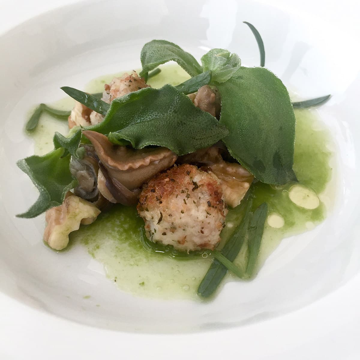 Zuppa di levistico e lattuga, noci fresche, finocchio marino, rane e lumanche