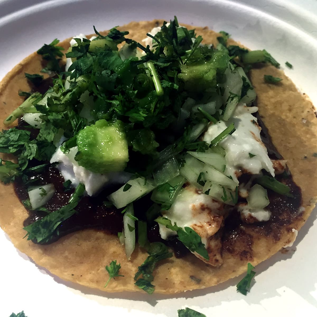 Rosio Sanchez - Tostada, mole negro, mozzarelle, coriandolo, avocado