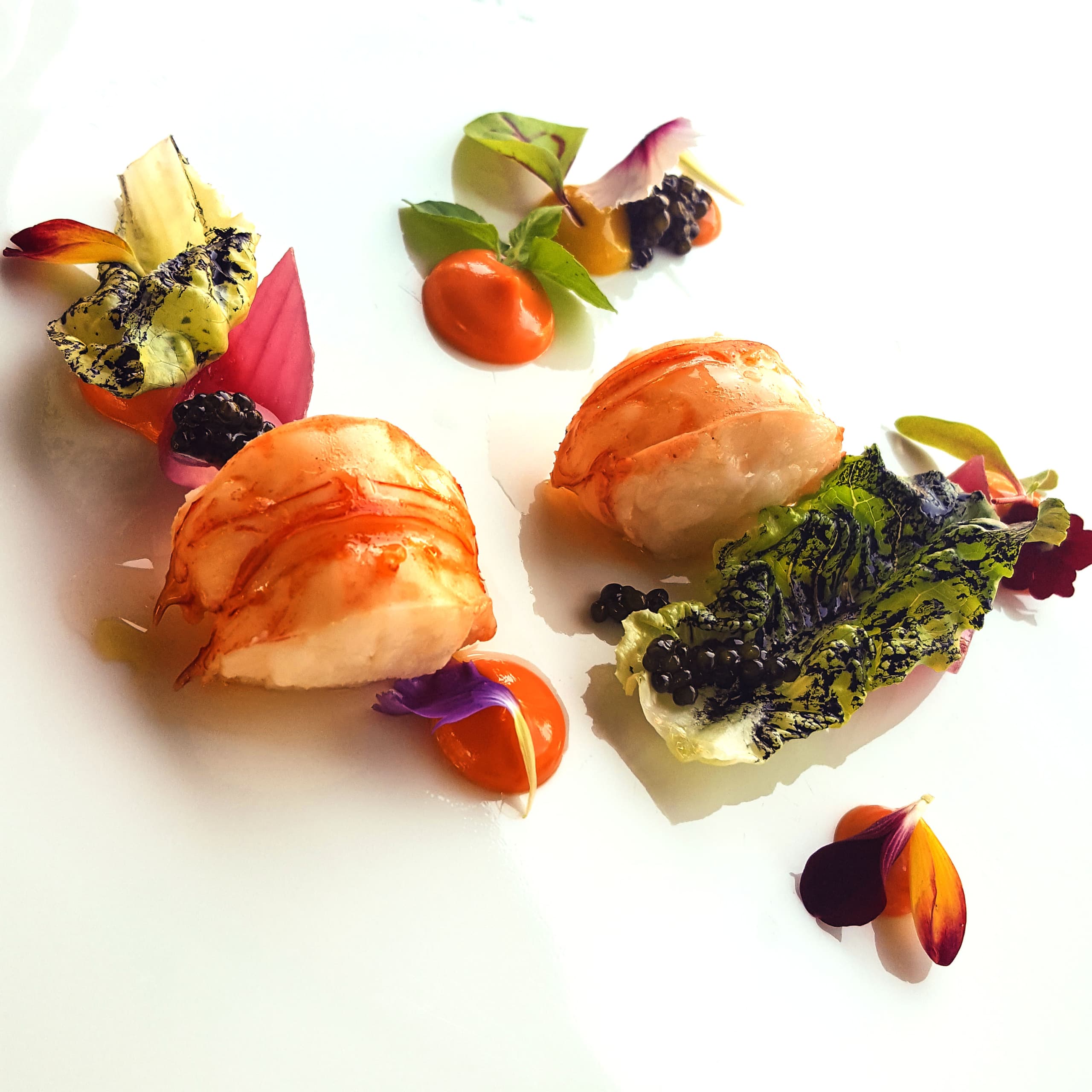Aragosta alla brace, caviale, papaya, maionese