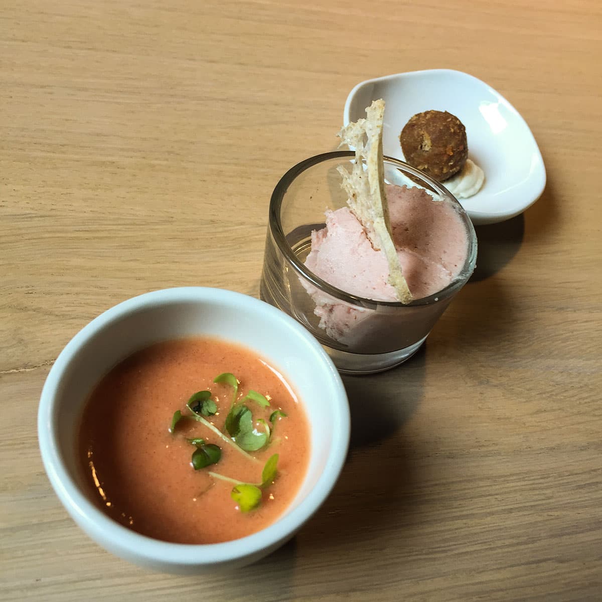 Ristorante Marconi Amuse bouche - Gazpacho, mousse di mortadella, polpetta al rafano