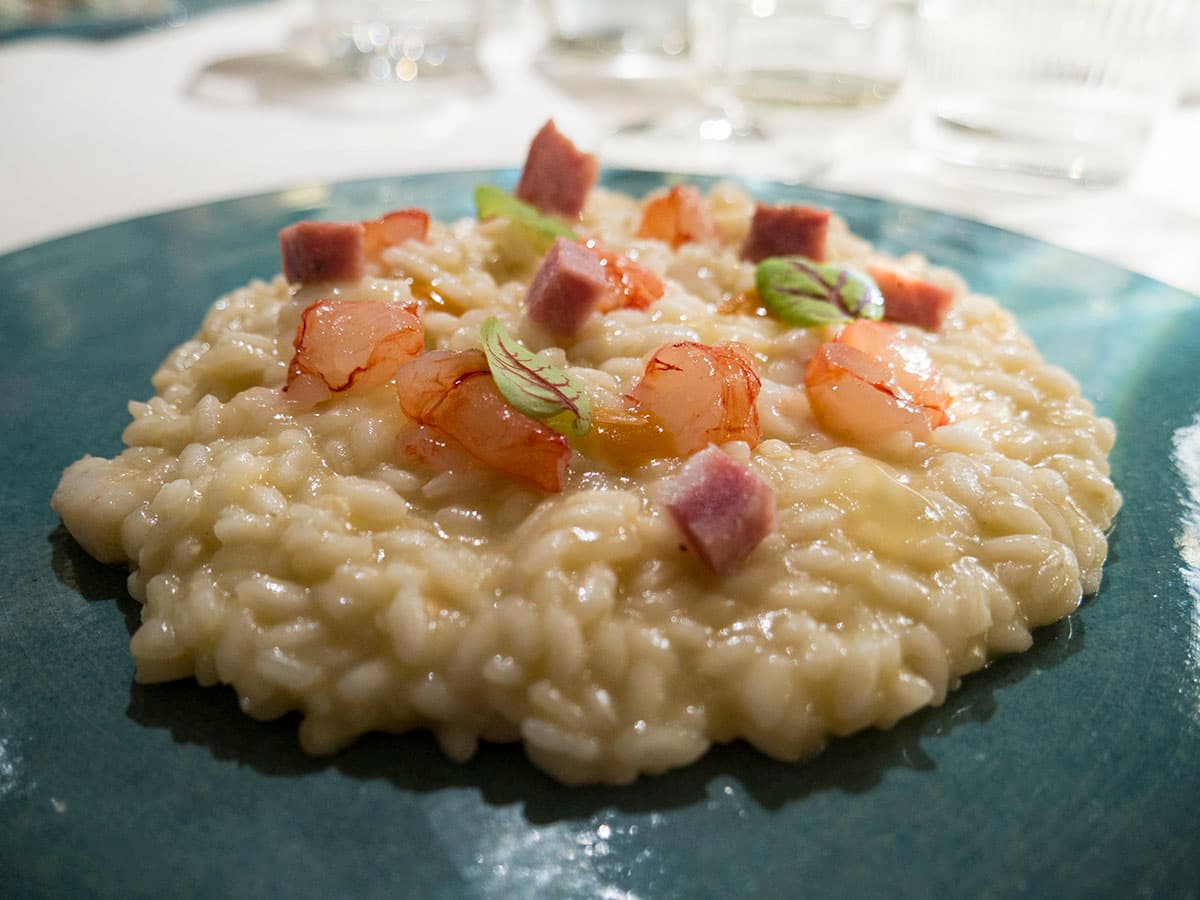 Risotto con gamberi, mortadella di Prato, Vermouth di Prato