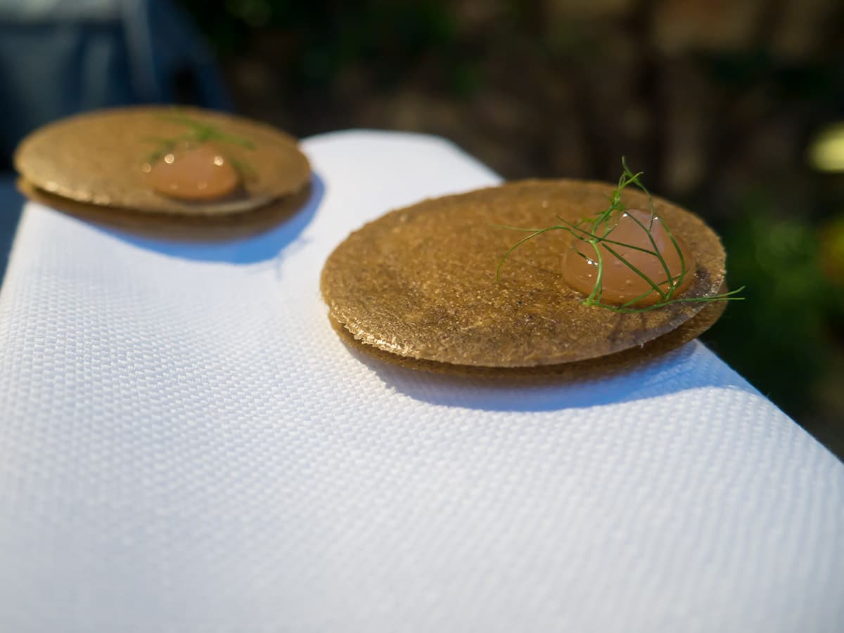 Cialde di mate, caprino, gel di pompelmo