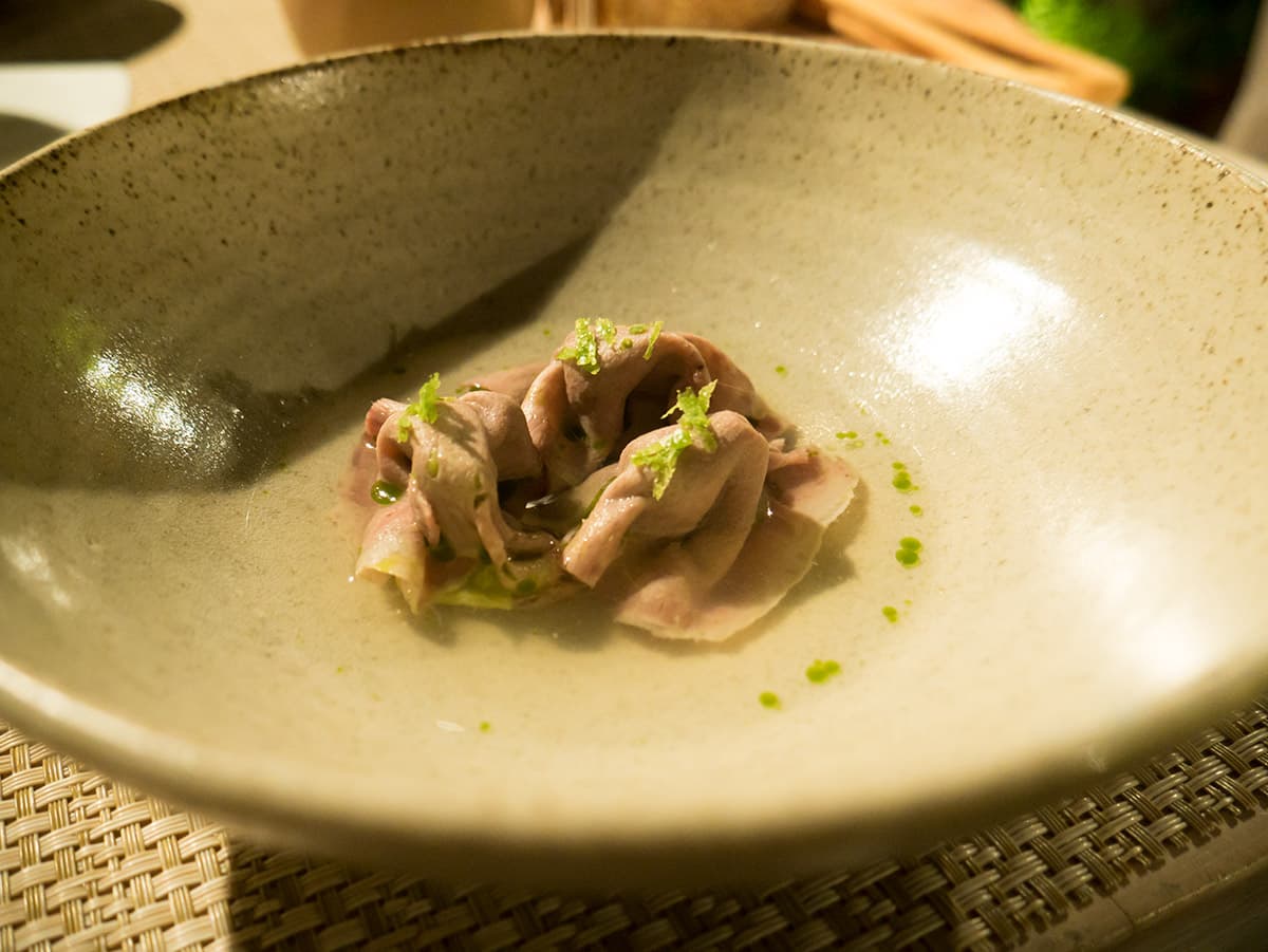 Tortelli di lingua ripieni di avocado, brodo di tonica, coriandolo, jalapeno