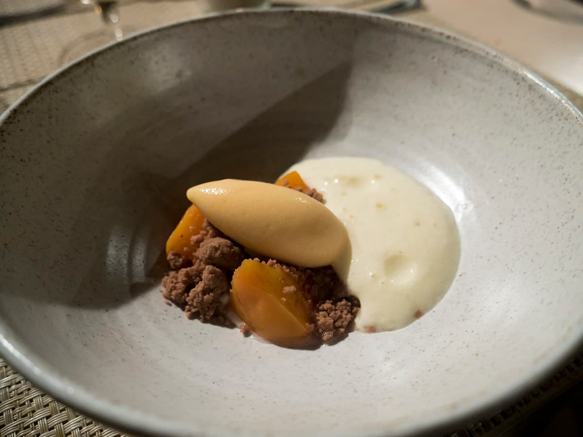 Sorbetto alla pesca, pesca sciroppata, spuma di Pisco, pane ai chiodi di garofano e ganache al cioccolato bianco