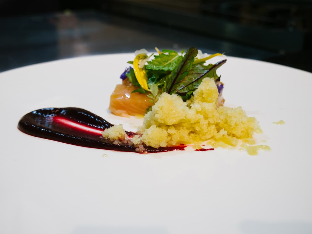 Francesco D'Alessandro, Mammaròssa - rota affumicata, granita di finocchi e fichi, concentrato di rapa rossa
