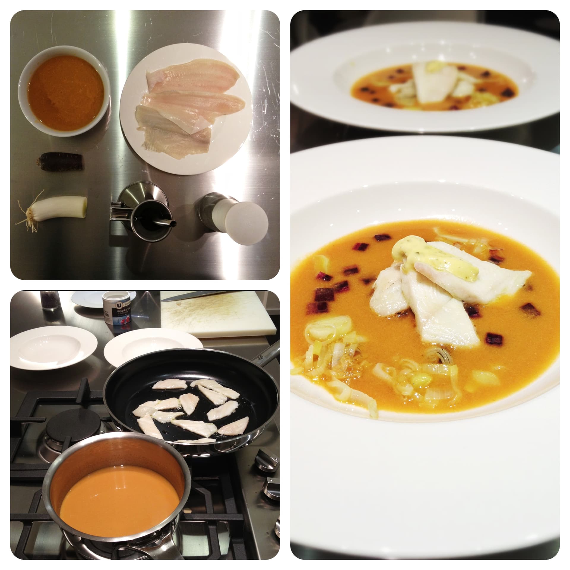 Filetto di sogliola con bisque di astice, porri e carota viola