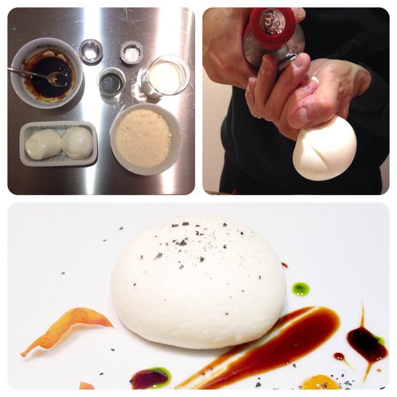 Miniburrata di parmigiano, con marmellata di balsamico, olio al basilico, albicocca